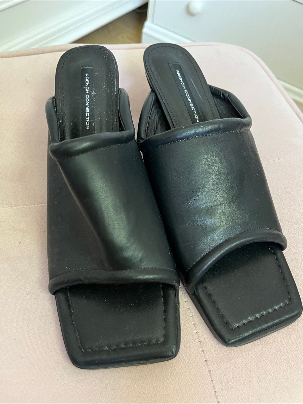 French Connection Black Padded Square Toe Slide Mules